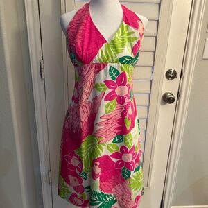 Lilly Pulitzer Port of Caw Parrot Print Halter Pink Floral Dress Size 6 Preppy!